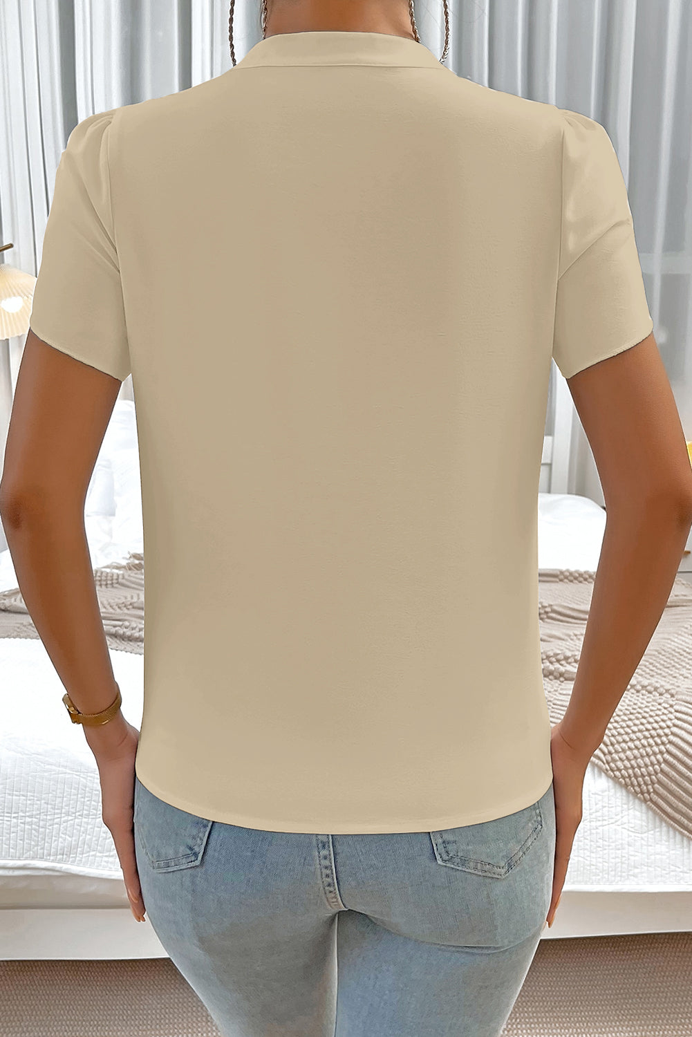 Beige Silky Notched Neckline Petal Sleeve Blouse