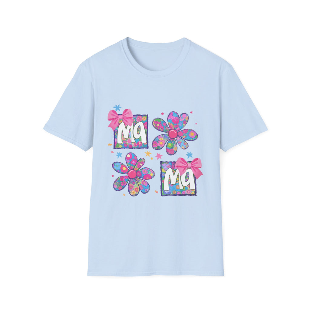 Mama Floral T-Shirt — Colorful 'Ma' Flower Design with Bows