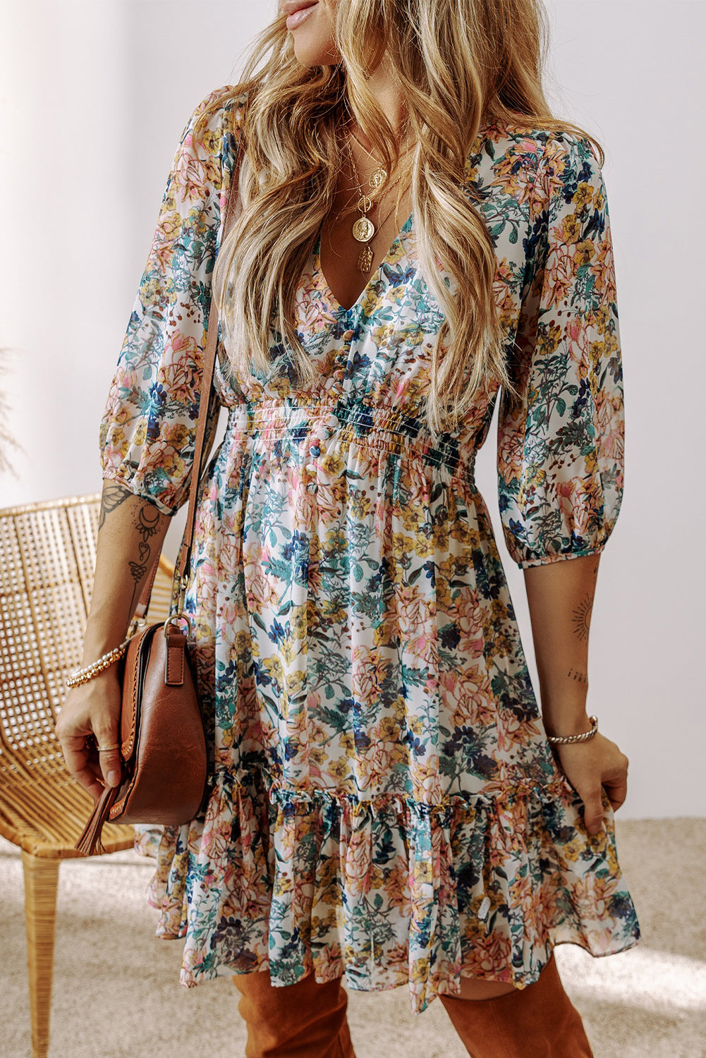 V Neck High Waist Ruffled Dress