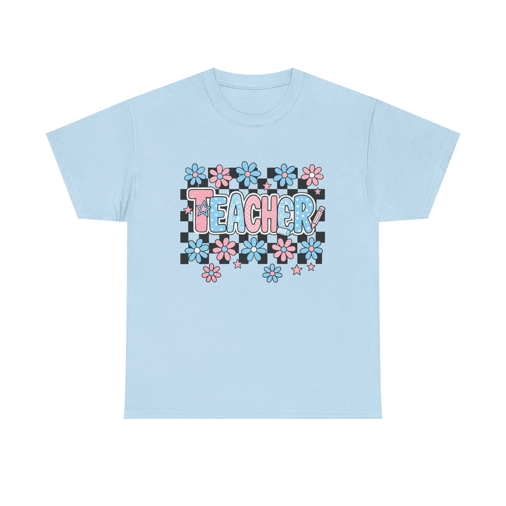 Teacher Floral Tee — Retro Checkerboard Daisy Graphic Shirt