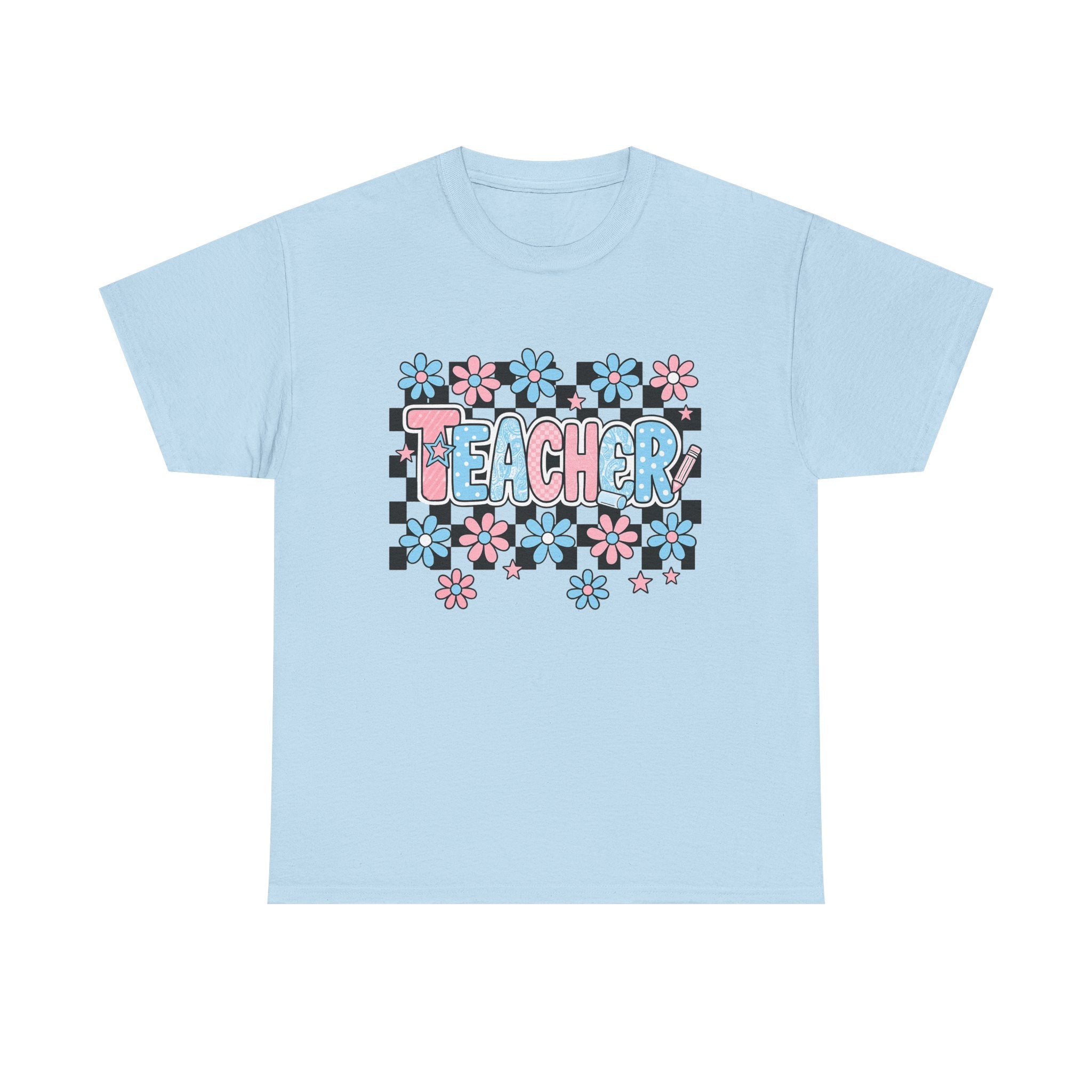 Teacher Floral Tee — Retro Checkerboard Daisy Graphic Shirt