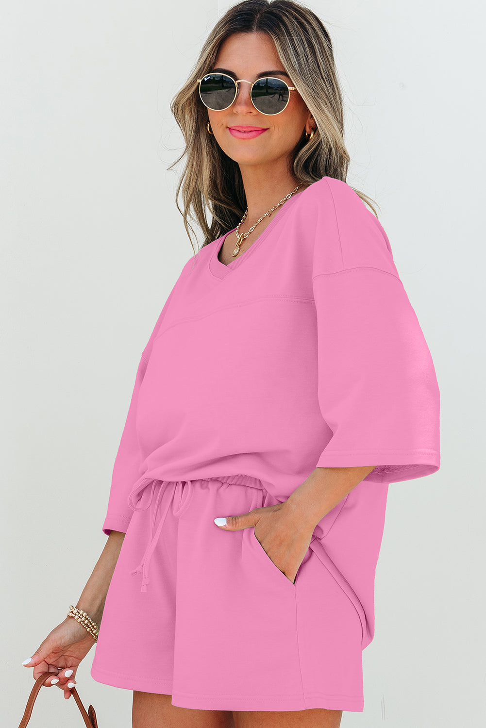 Meadow Mist Green Solid Loose V Neck Half Sleeve Tee and Shorts