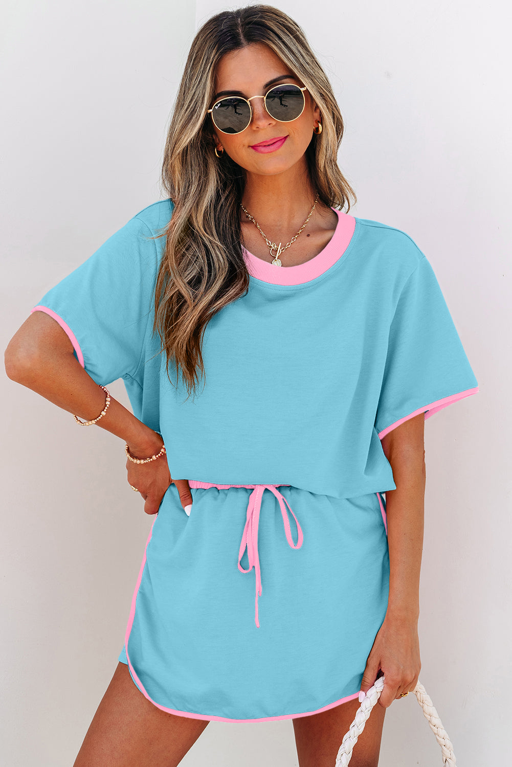Evergreen Colorblock Edge Drop Shoulder T Shirt and Skort 2Pcs Set