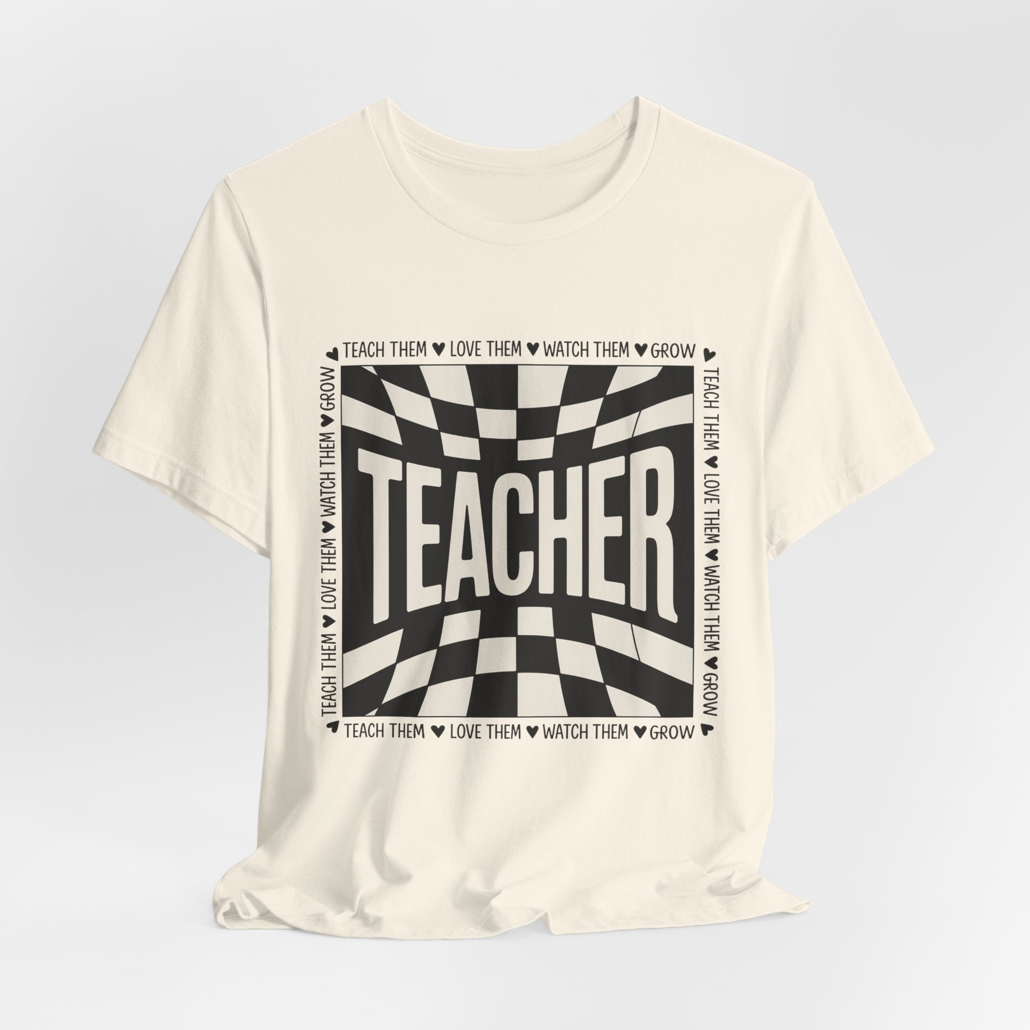 Teacher Checkerboard Graphic Tee — "Teacher" Text Design, Gift for Educators
