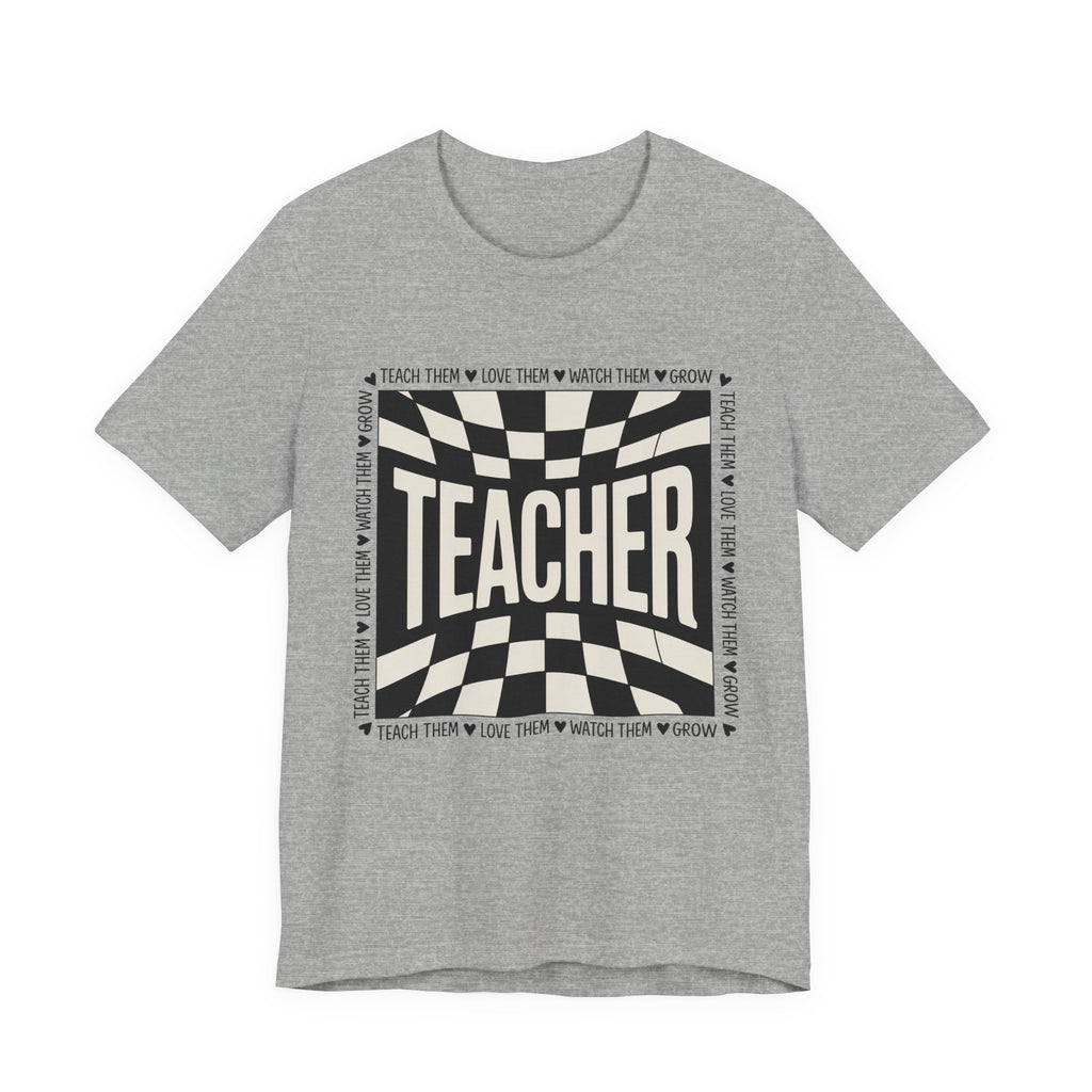 Teacher Checkerboard Graphic Tee — "Teacher" Text Design, Gift for Educators