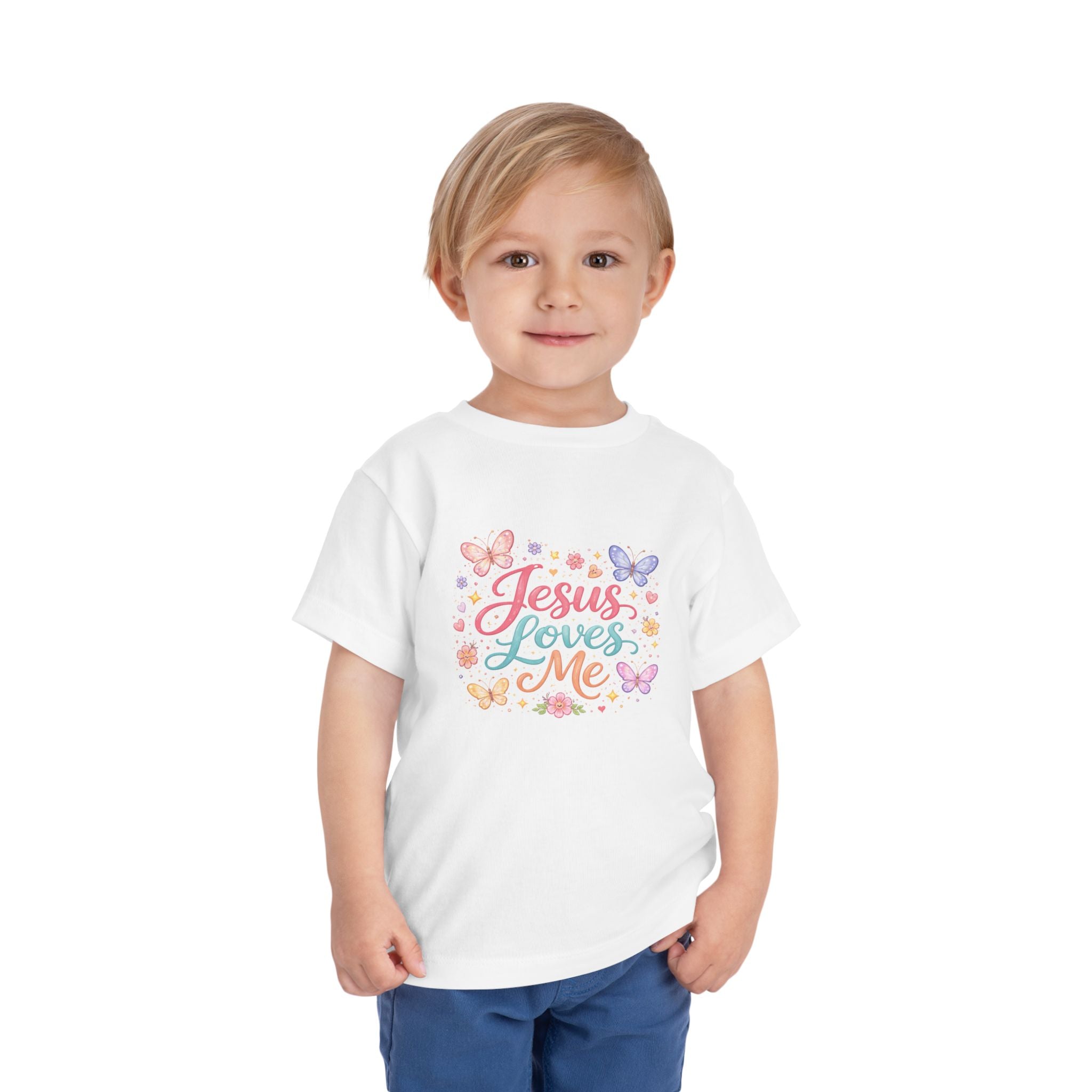 Toddler Tee — "Jesus Loves Me" Pastel Butterflies Christian Shirt