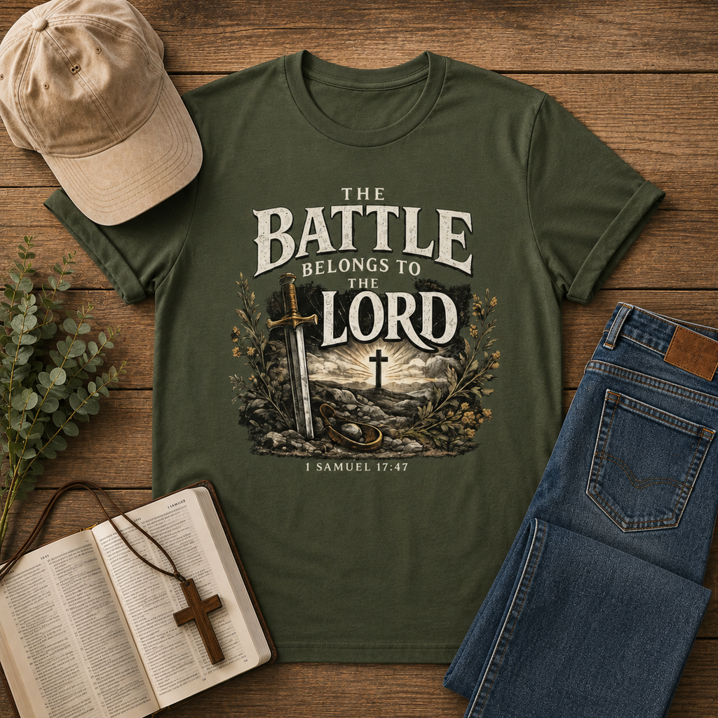 The Battle Belongs to the Lord T-Shirt — Christian Faith Tee (1 Samuel 17:47)