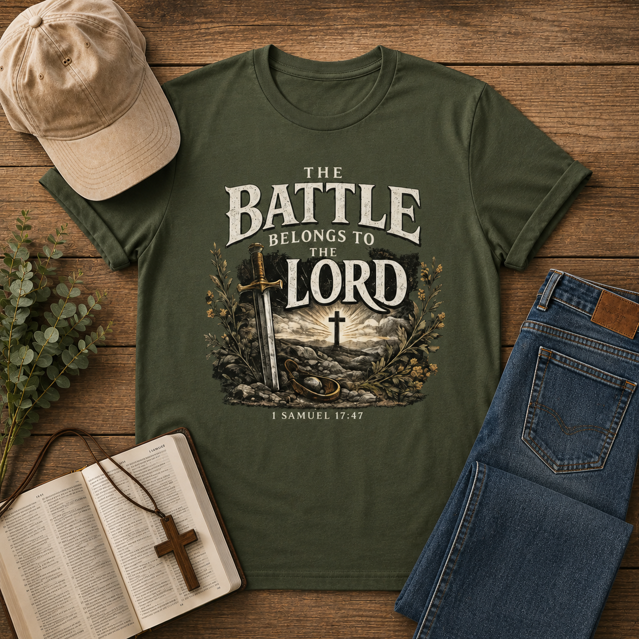 The Battle Belongs to the Lord T-Shirt — Christian Faith Tee (1 Samuel 17:47)