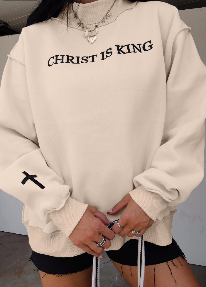 Beige CHRIST IS KING Embroidery High Neck Baggy Sweatshirt