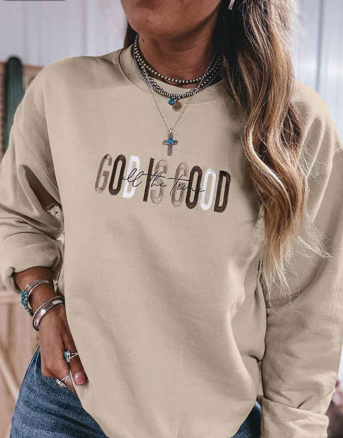 Jet Stream GOD IS GOOD Western Embroidered Letter Crewneck Pullover Sweatshirt