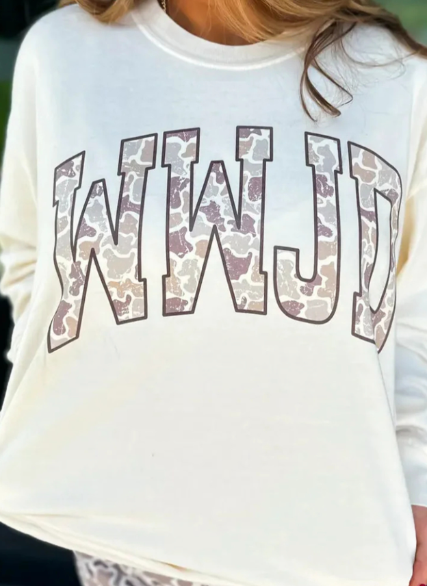 White WWJD Camo Letter Printed Long Sleeve Top
