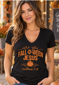 Fall-O-Ween Jesus V-Neck Tee – Matthew 4:19 Pumpkin Faith Halloween Shirt