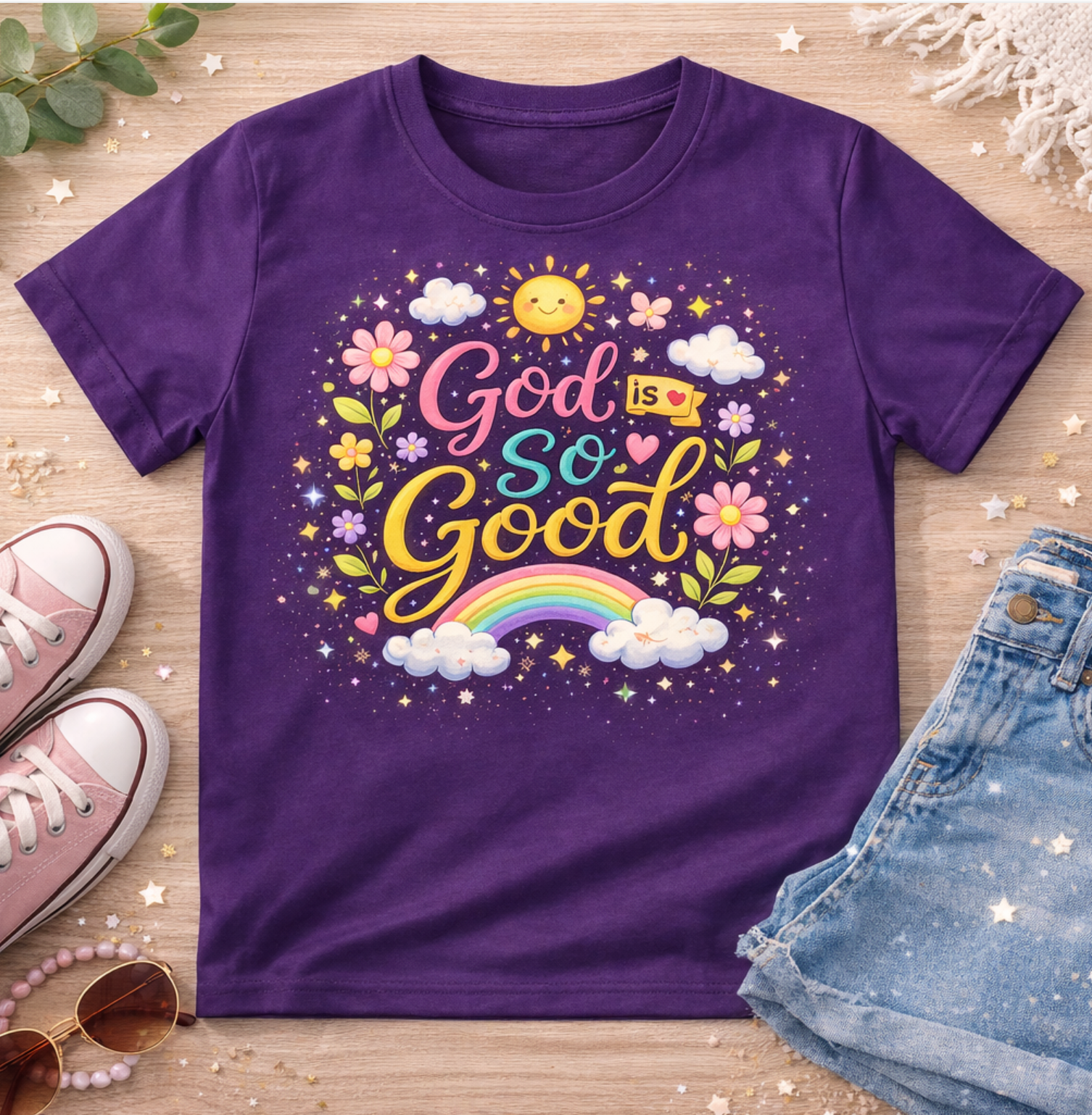 Kids Tee — "God Is So Good" Pastel Rainbow Christian Shirt
