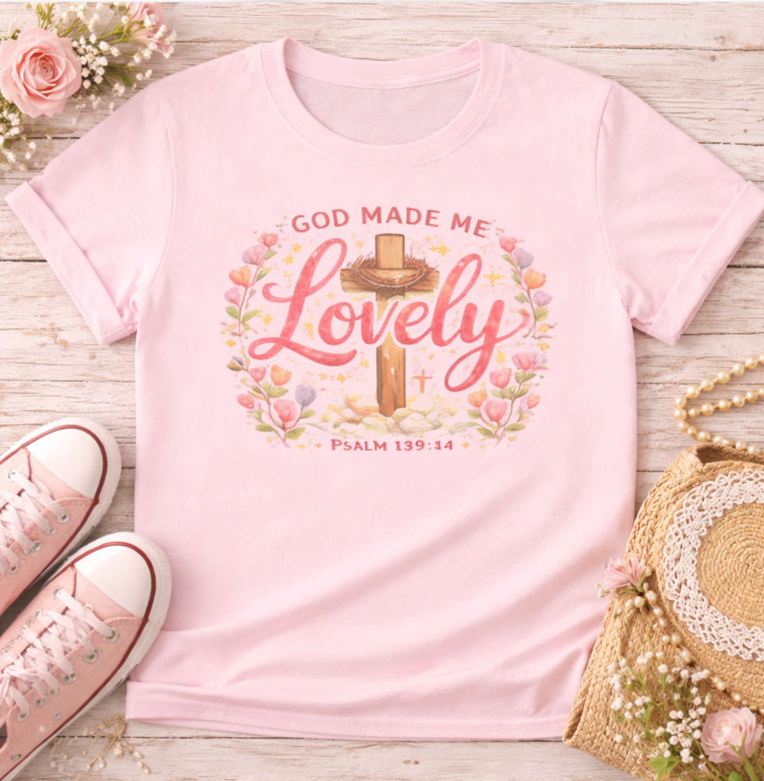 Kids Tee — "God Made Me Lovely" Floral Psalm 139:14 Christian Shirt
