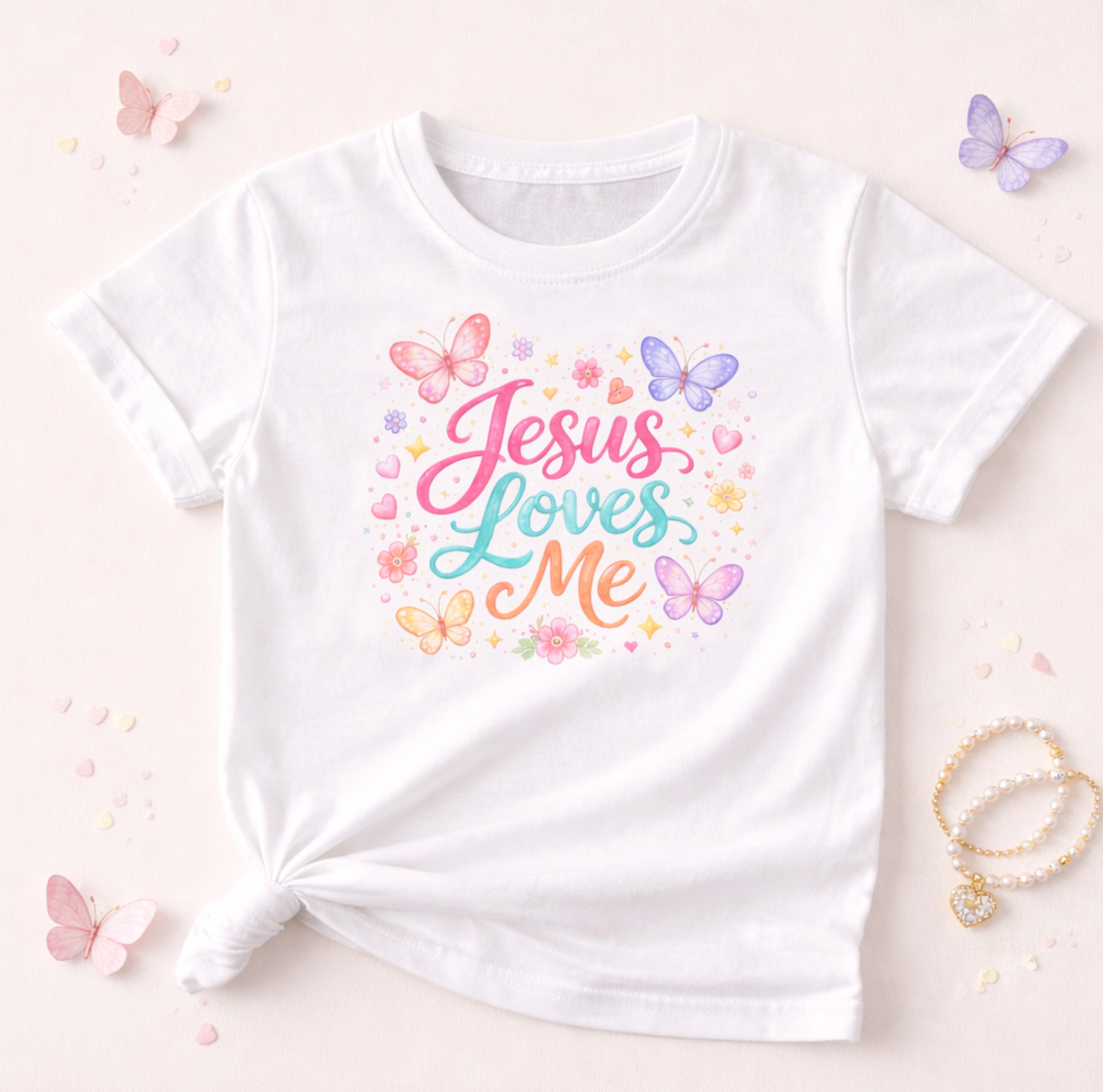 Kids Tee – "Jesus Loves Me" Pastel Butterfly Faith Shirt