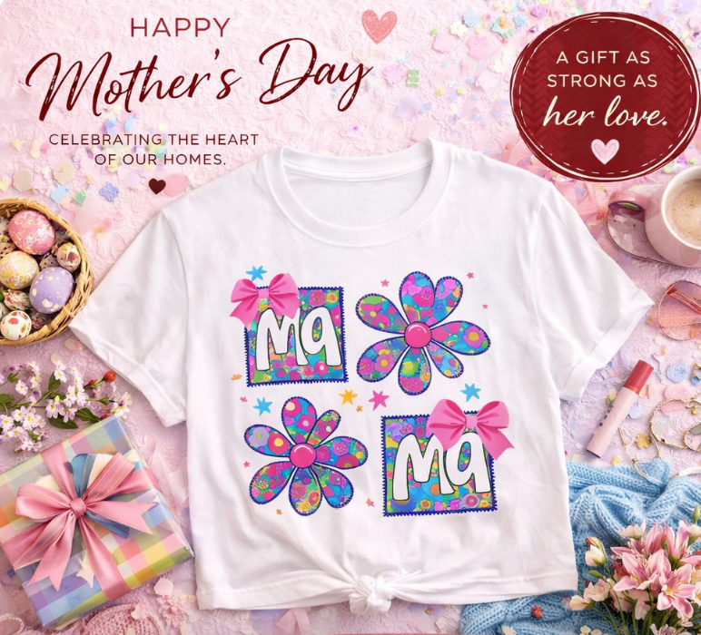 Mama Floral T-Shirt — Colorful 'Ma' Flower Design with Bows