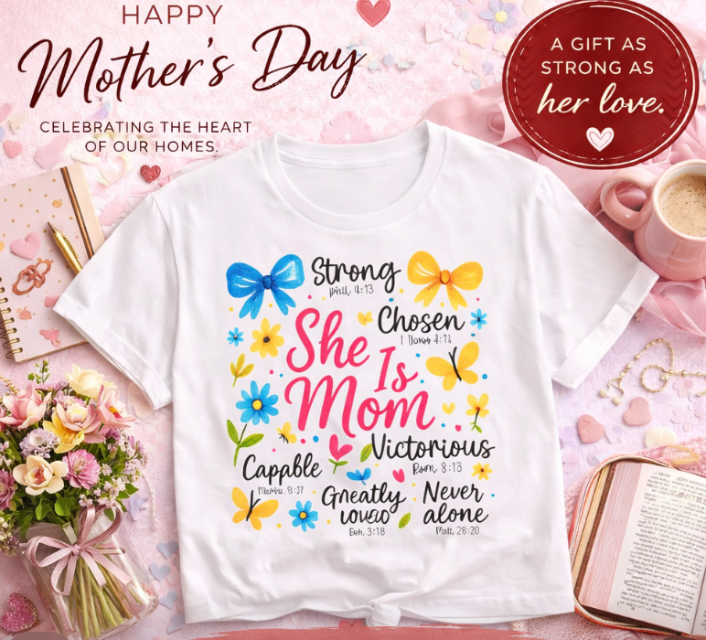 "She Is Mom" Floral Positive Affirmation Tee for Mothers, Mother's Day Gift
