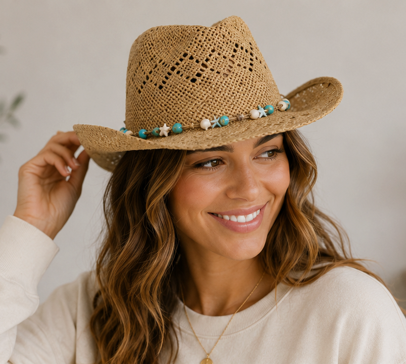 Fame Turquoise and Shell Star Beads Strap Western Straw Hat