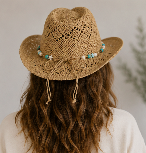 Fame Turquoise and Shell Star Beads Strap Western Straw Hat