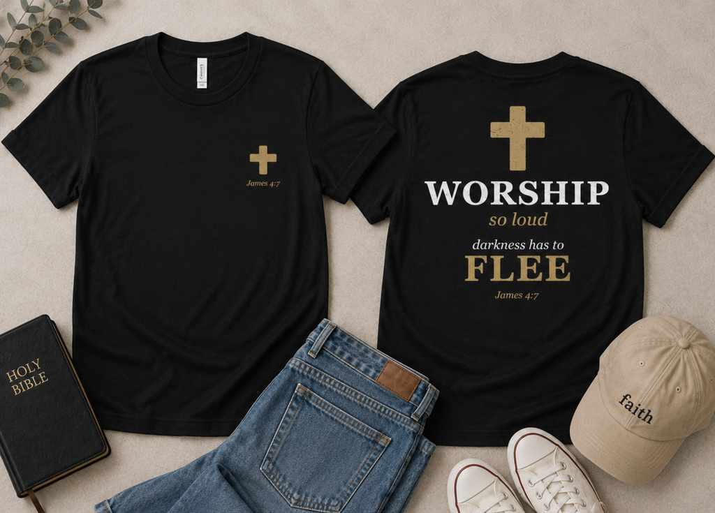Worship So Loud Christian T-Shirt — Faith Tee with Cross (James 4:7)