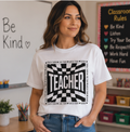 Teacher Checkerboard Graphic Tee — "Teacher" Text Design, Gift for Educators