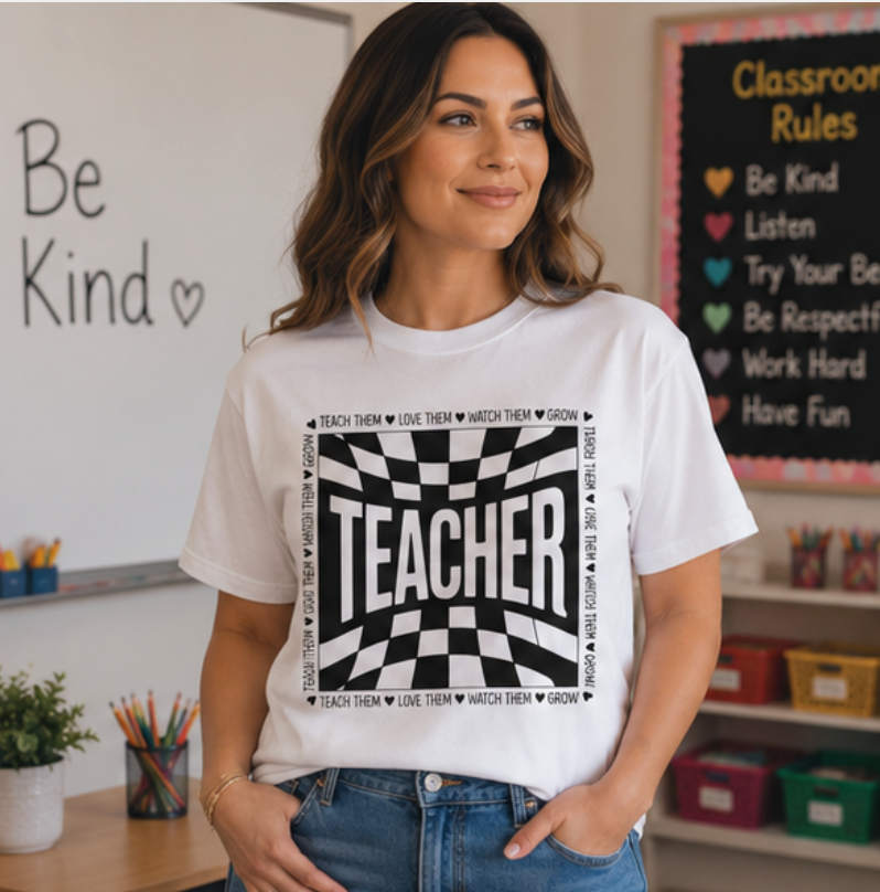 Teacher Checkerboard Graphic Tee — "Teacher" Text Design, Gift for Educators