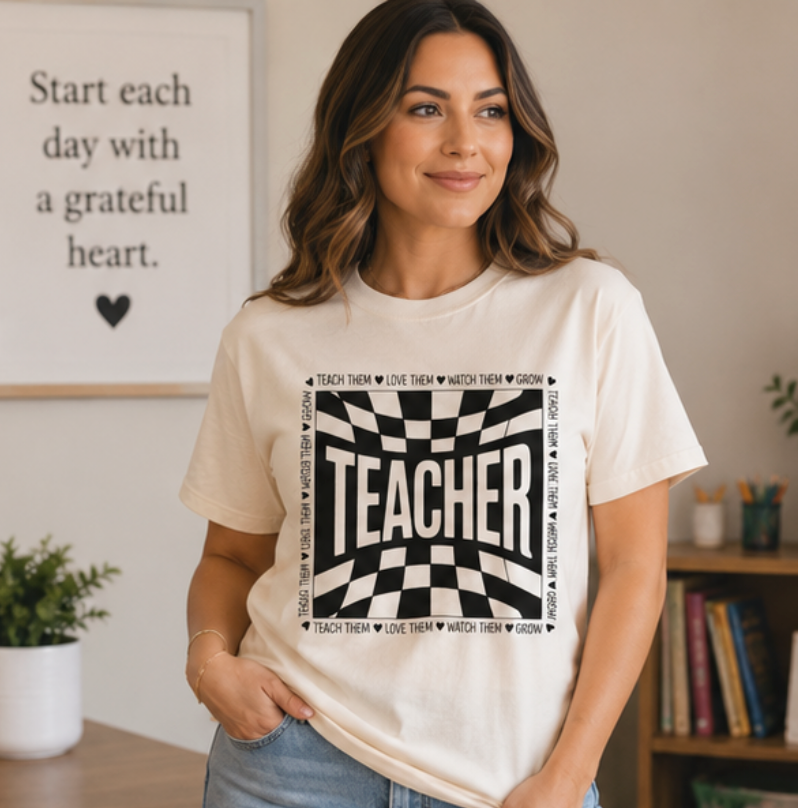Teacher Checkerboard Graphic Tee — "Teacher" Text Design, Gift for Educators