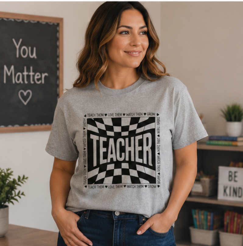Teacher Checkerboard Graphic Tee — "Teacher" Text Design, Gift for Educators