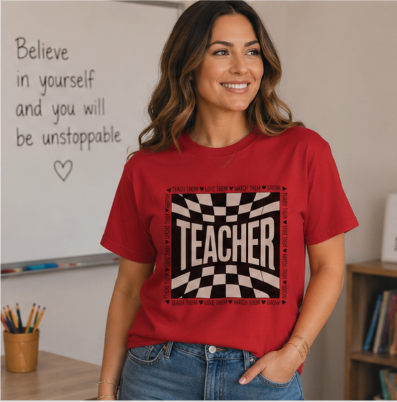Teacher Checkerboard Graphic Tee — "Teacher" Text Design, Gift for Educators