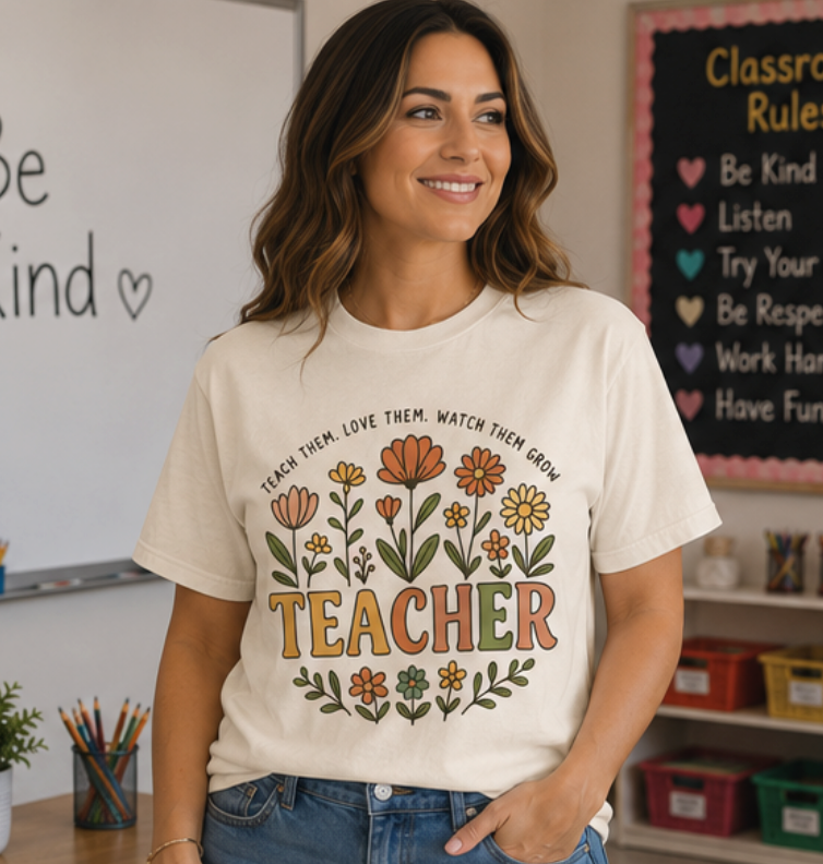Teacher Floral T-Shirt — "Teach Them, Love Them, Watch Them Grow" Appreciation Tee