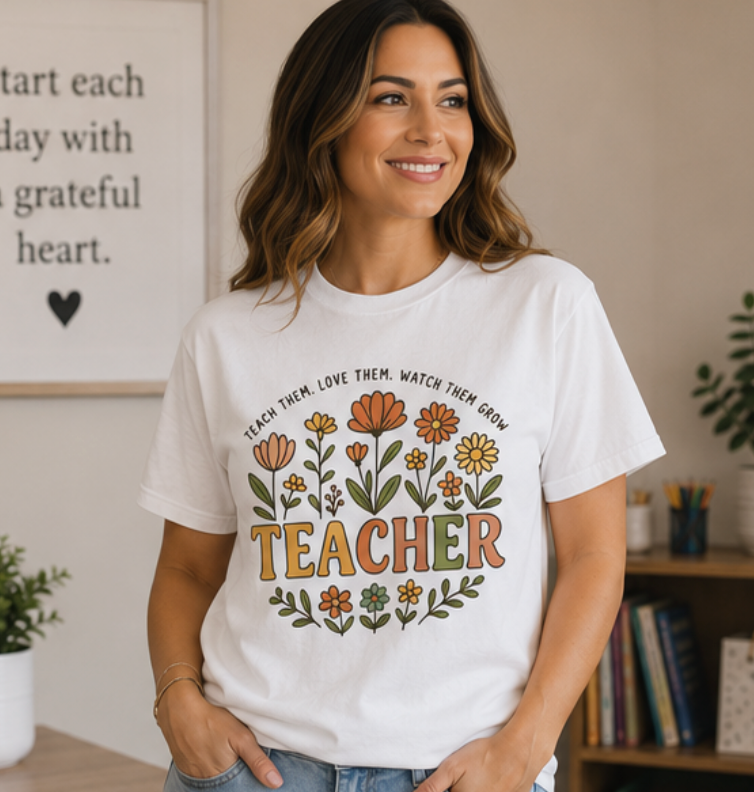 Teacher Floral T-Shirt — "Teach Them, Love Them, Watch Them Grow" Appreciation Tee
