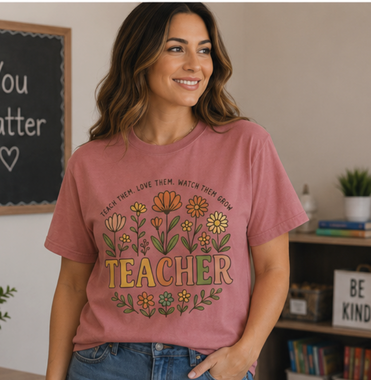 Teacher Floral T-Shirt — "Teach Them, Love Them, Watch Them Grow" Appreciation Tee