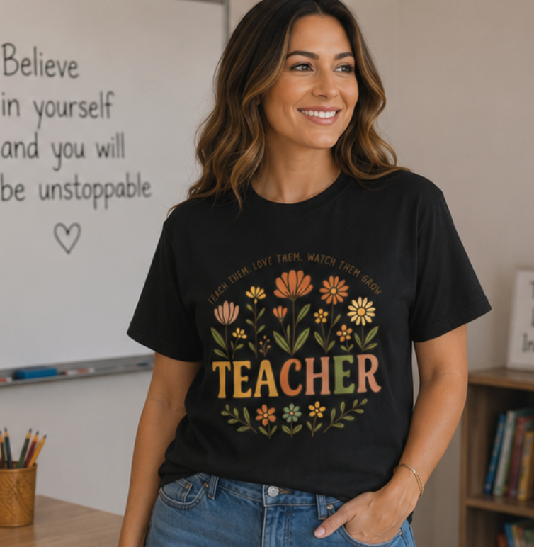 Teacher Floral T-Shirt — "Teach Them, Love Them, Watch Them Grow" Appreciation Tee