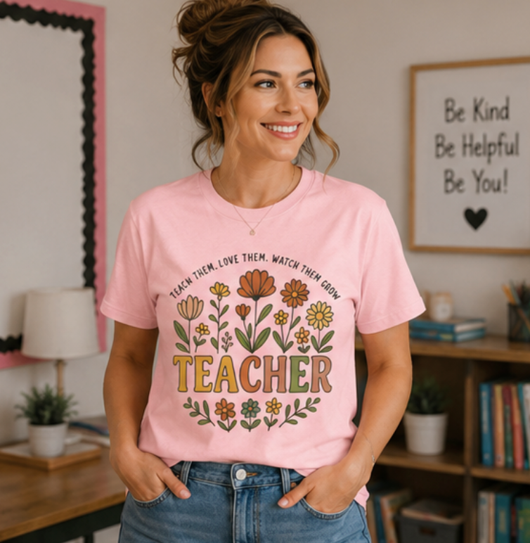 Teacher Floral T-Shirt — "Teach Them, Love Them, Watch Them Grow" Appreciation Tee