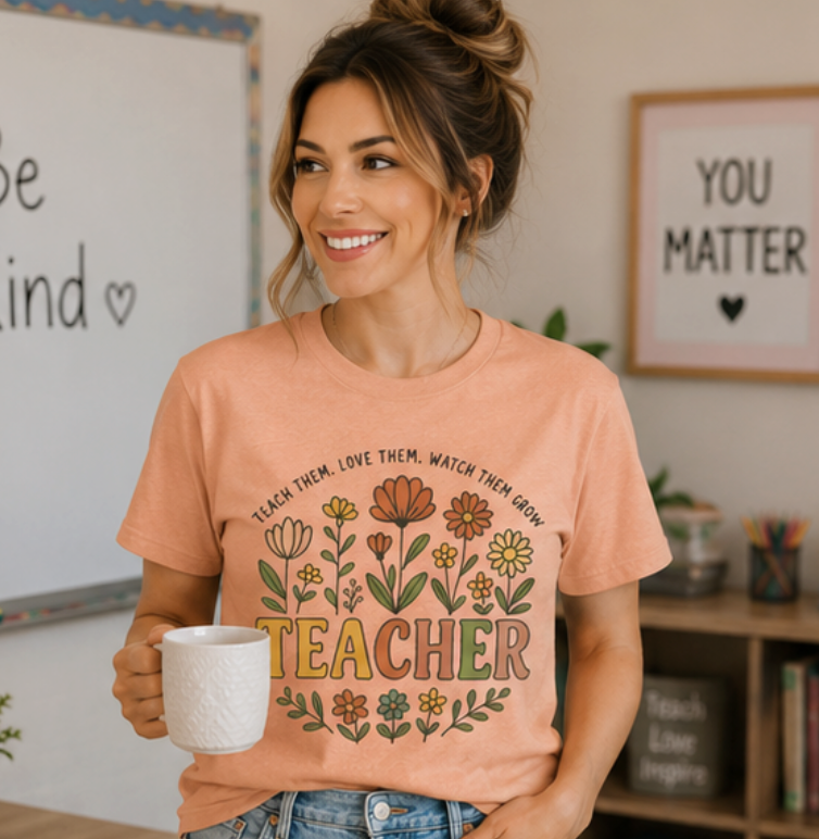Teacher Floral T-Shirt — "Teach Them, Love Them, Watch Them Grow" Appreciation Tee
