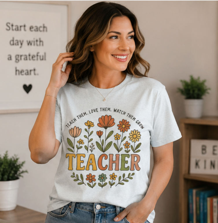 Teacher Floral T-Shirt — "Teach Them, Love Them, Watch Them Grow" Appreciation Tee