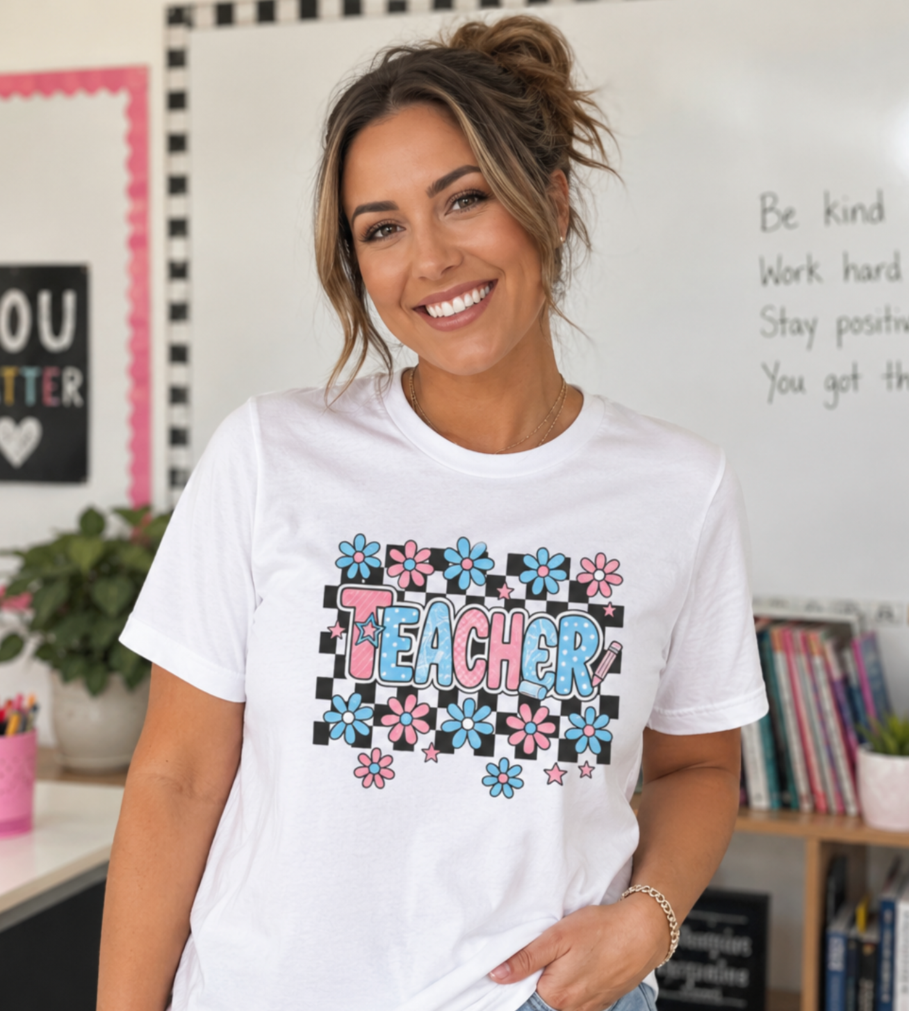 Teacher Floral Tee — Retro Checkerboard Daisy Graphic Shirt