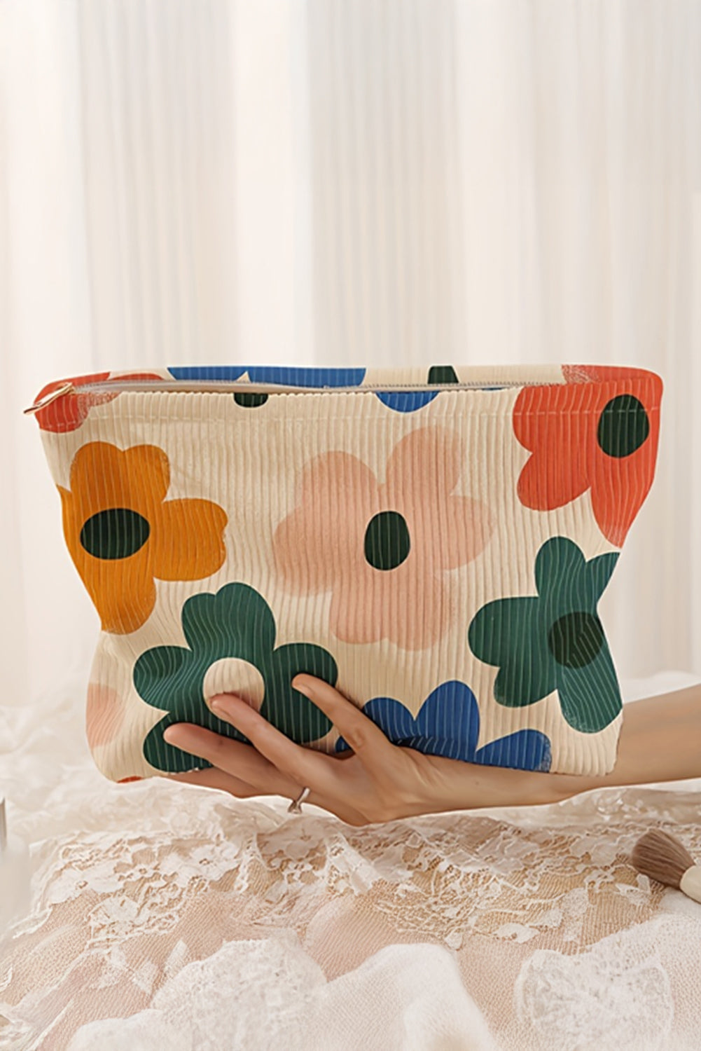 White Floral Print Corduroy Minimalist Storage Bag