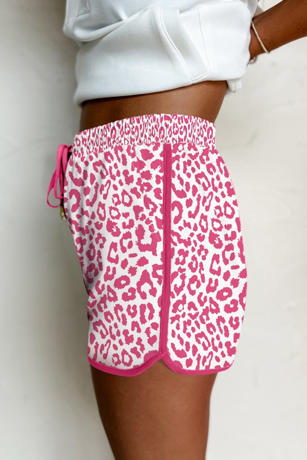 White Leopard Elastic Waistband Lace up Contrast Trim Casual Shorts