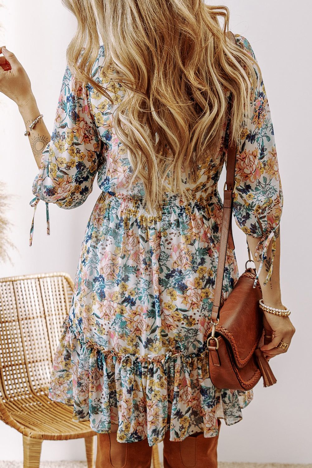 V Neck High Waist Ruffled Dress