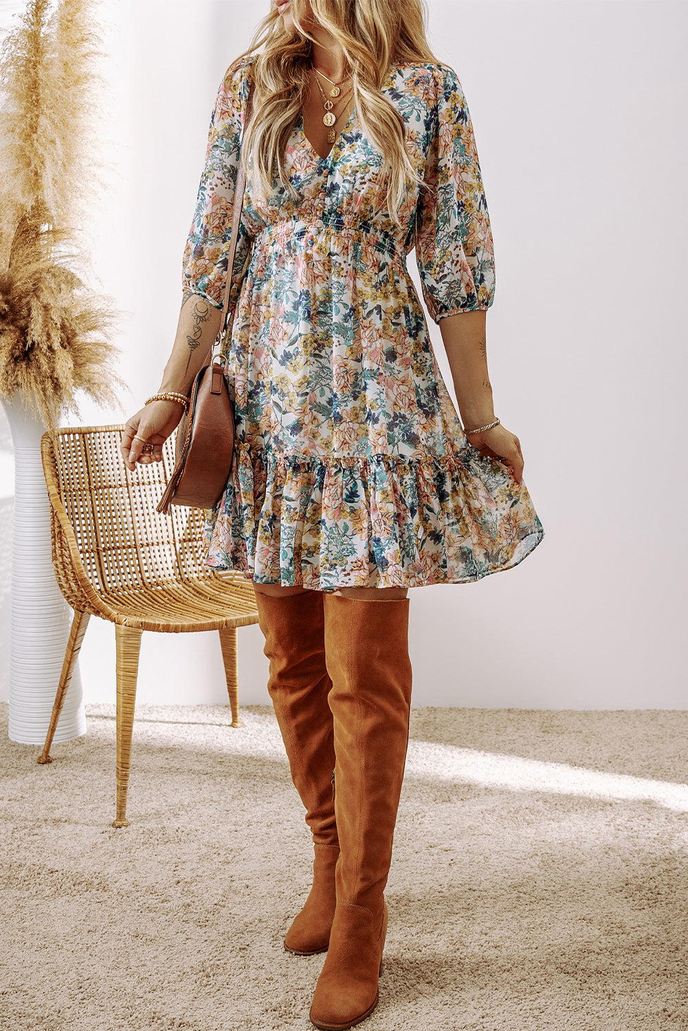 V Neck High Waist Ruffled Dress