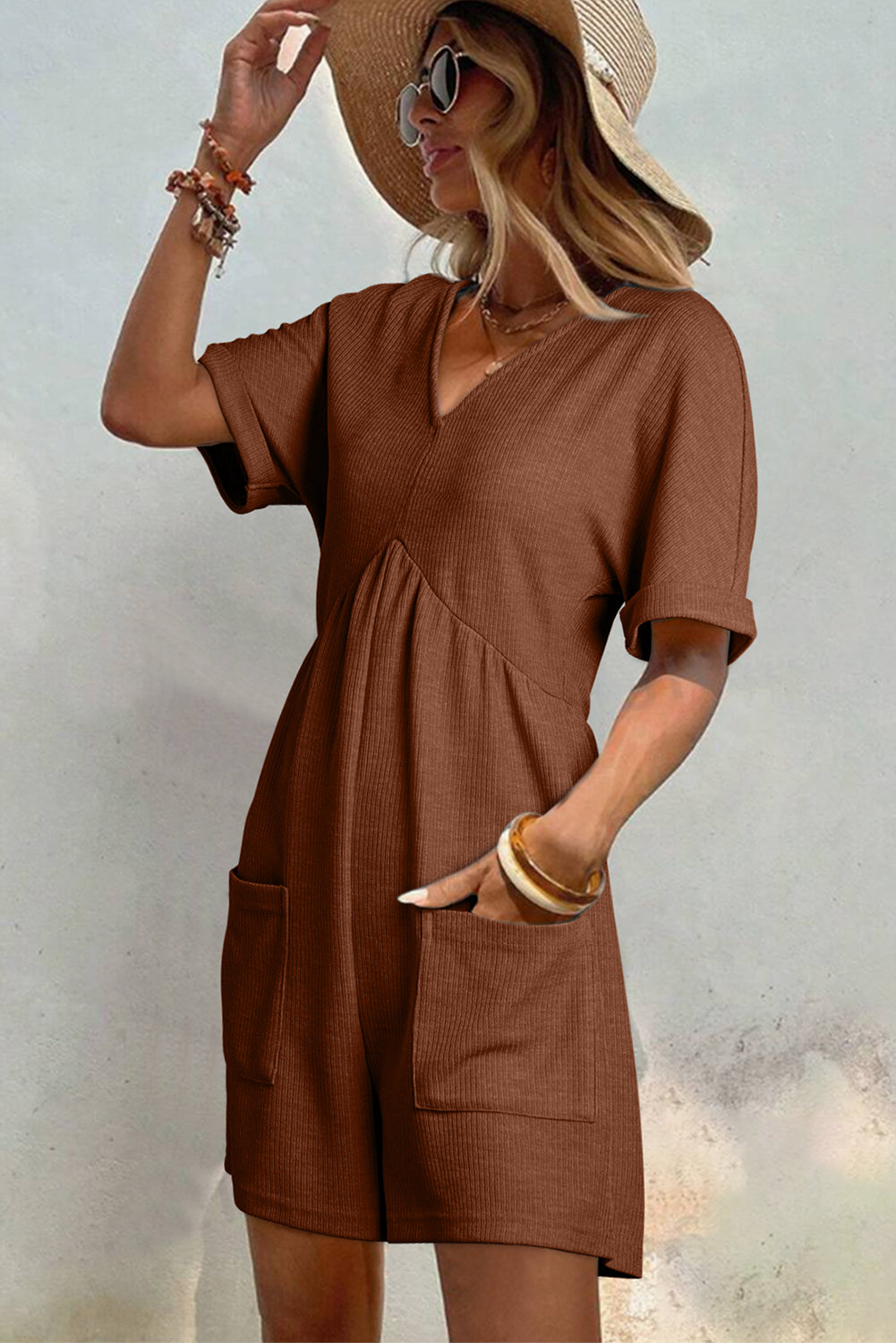 Coffee Solid Color Knit V Neck Zipped Loose Romper
