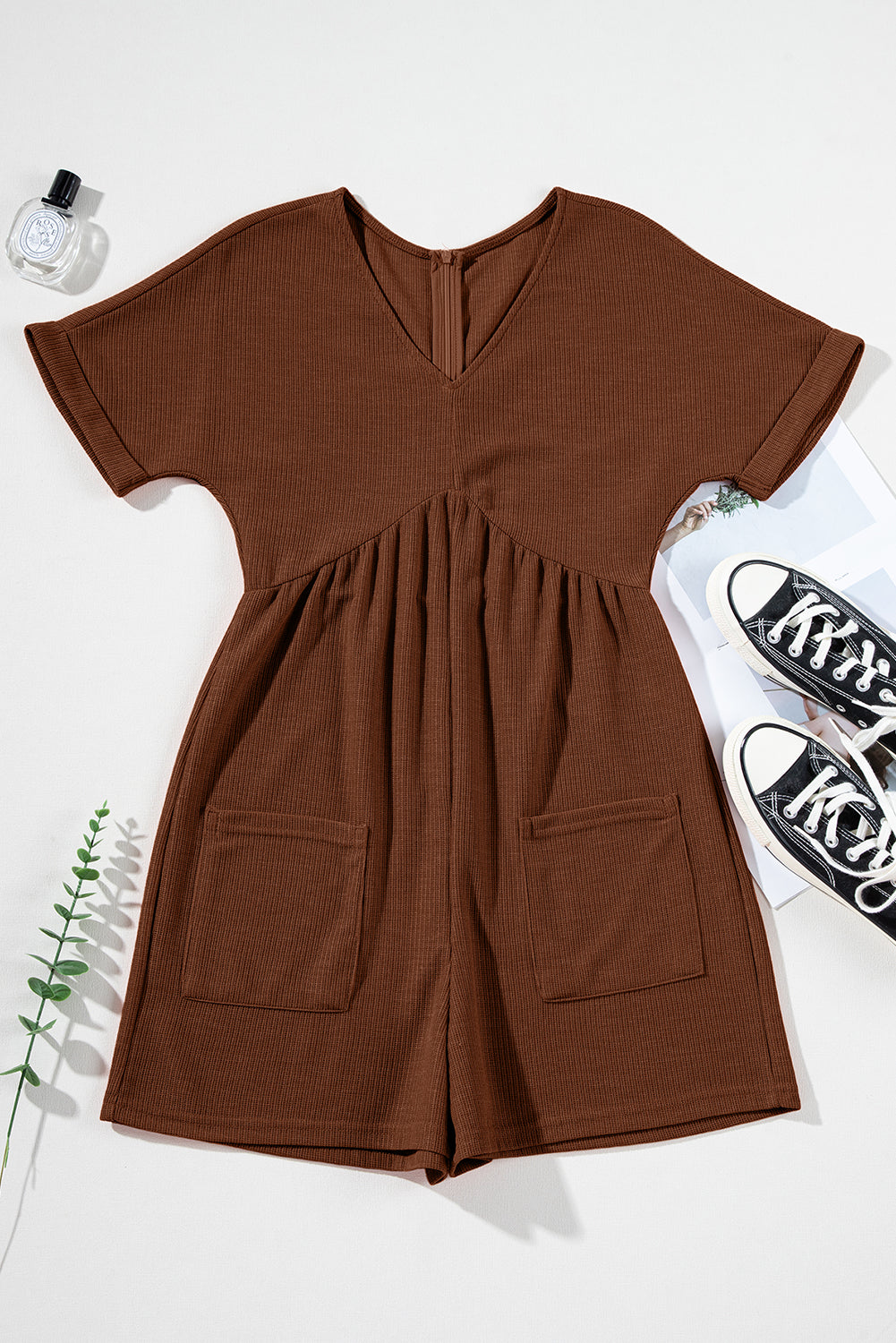 Coffee Solid Color Knit V Neck Zipped Loose Romper